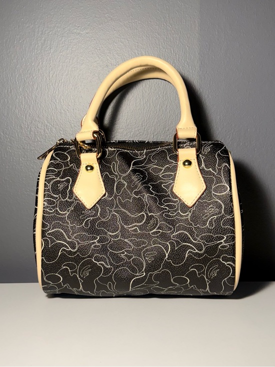 Handbags - Black and white Pattern Satchel with Cream Handles